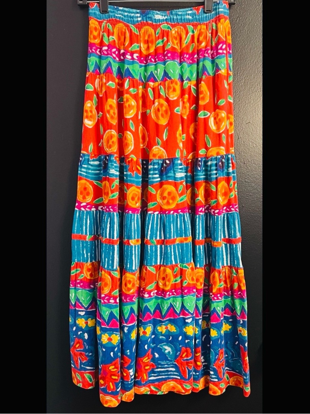 Vintage Carole Little Bright Orange and Blue Multi-Color Maxi Skirt